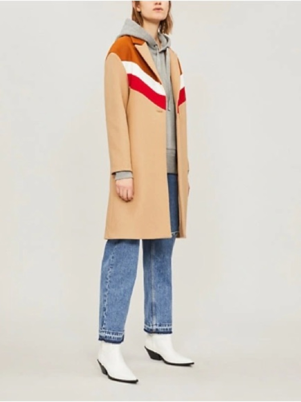 Maje Camel Colorblock Wool-Blend Coat with Red & White Stripes